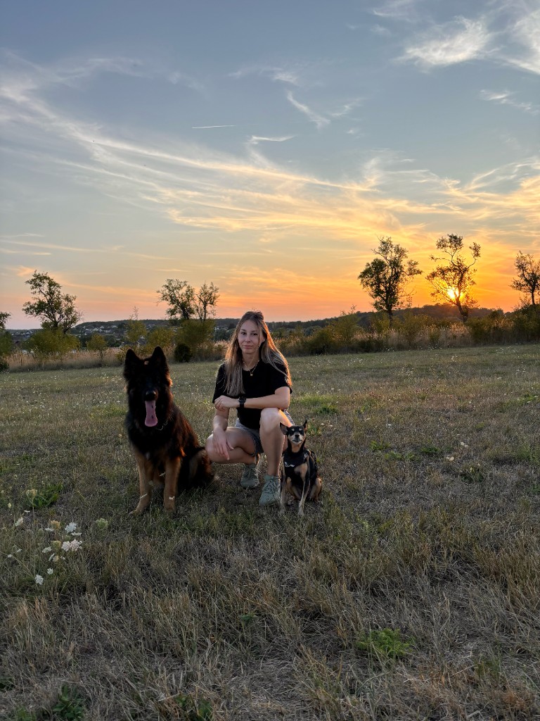 Éducatrice canine avec ses chiens au coucher du soleil